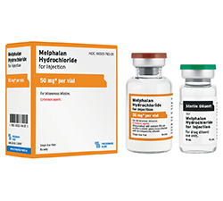 Box of Melphalan Hydrochloride with 50 mg melphalan and 20 mg povidone bottles